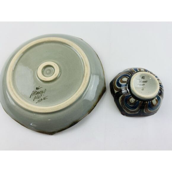 Set 2 Tonala Pottery 10" Lotus Plate Platter & Bowl El Palomar Mexico Signed Flo - Picture 7 of 15